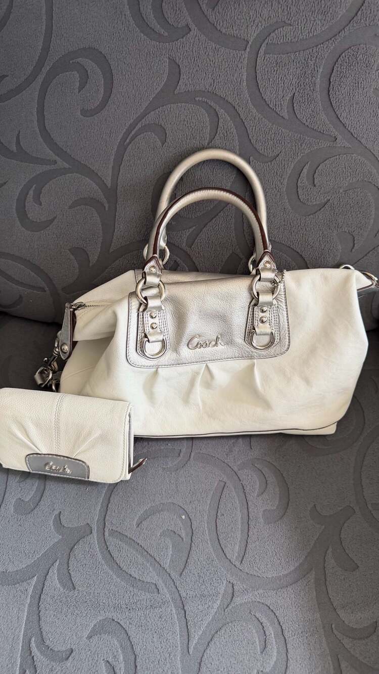 Coach Ashley Leather Satchel Handbag F15445 White Silver